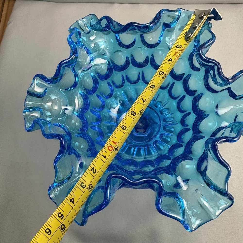 Vintage Fenton Colonial Blue Thumbprint Compote Ruffled Pedestal Bowl - Picture 7 of 8